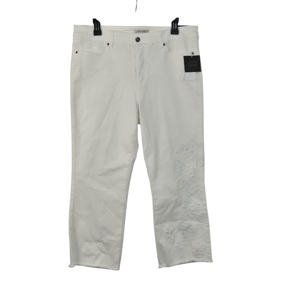 John Mark Denim Pants Women's Size 14p Floral Embroidered Ankle Stretch White 11